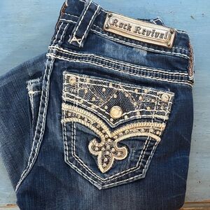 Rock Revival Dark Blue Boot Cut Jeans with Embellished Pockets